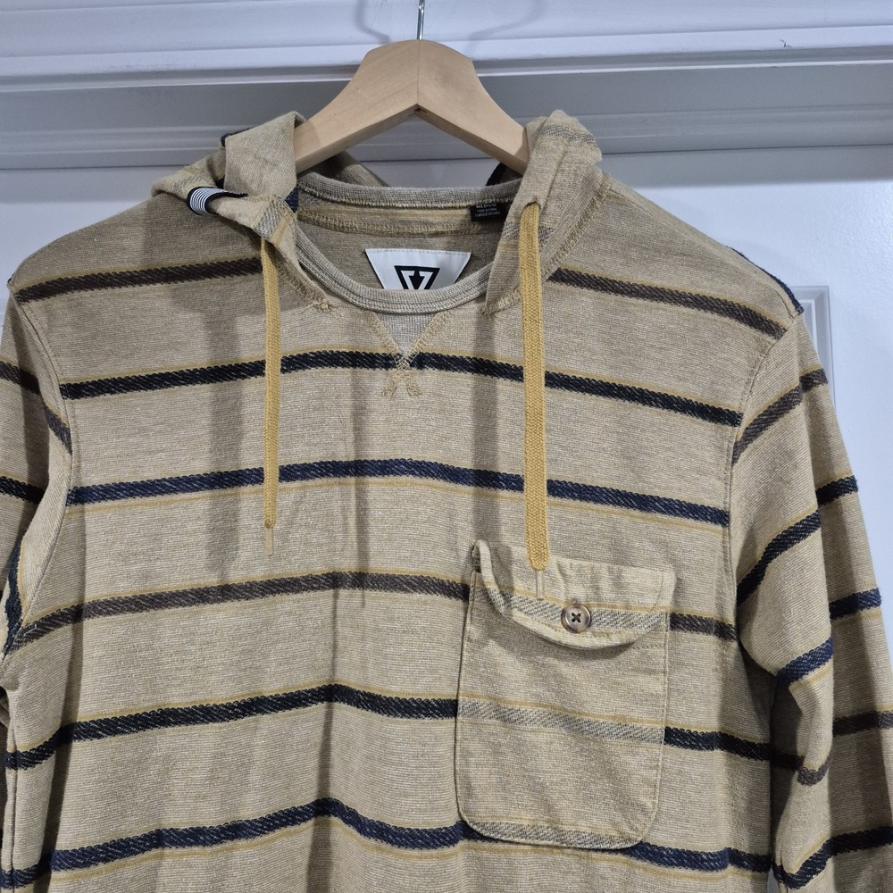 Vissla Hoodie Shirt Mens Medium Tan Striped Henley Surf Beach Skate Pocket